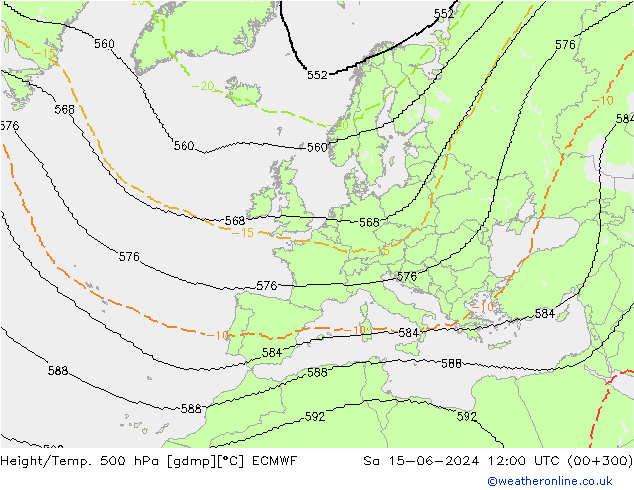 Height/Temp. 500 hPa ECMWF Sa 15.06.2024 12 UTC