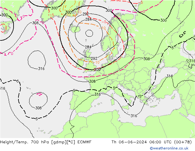 Height/Temp. 700 hPa ECMWF gio 06.06.2024 06 UTC