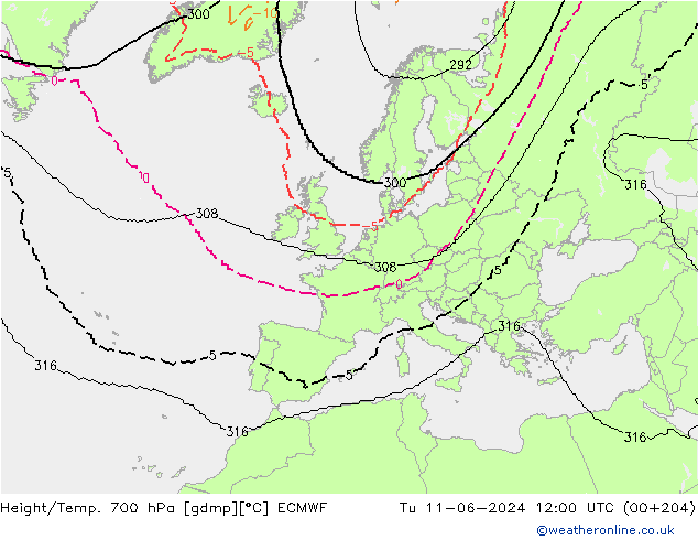 Height/Temp. 700 hPa ECMWF Di 11.06.2024 12 UTC