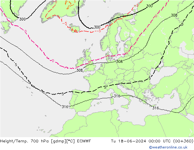 Height/Temp. 700 гПа ECMWF вт 18.06.2024 00 UTC