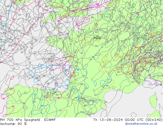 RH 700 hPa Spaghetti ECMWF Do 13.06.2024 00 UTC