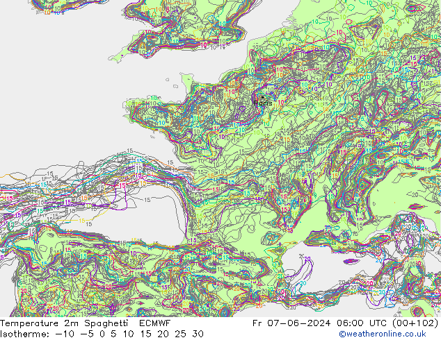 Temperature 2m Spaghetti ECMWF Fr 07.06.2024 06 UTC