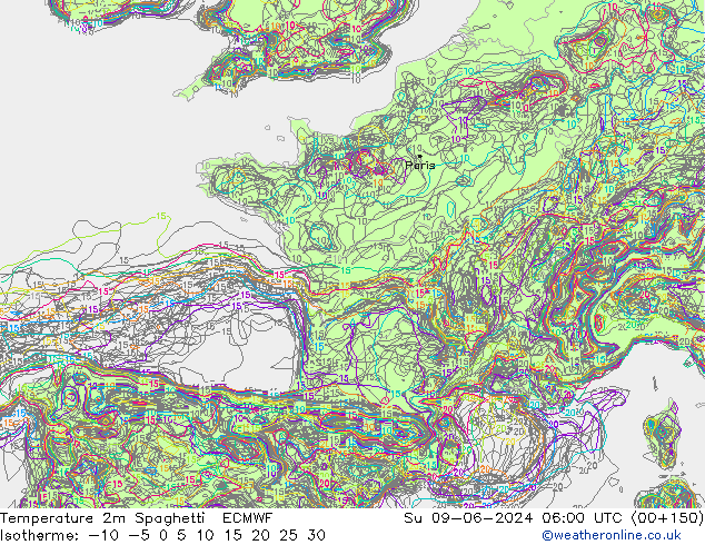 Temperature 2m Spaghetti ECMWF Su 09.06.2024 06 UTC