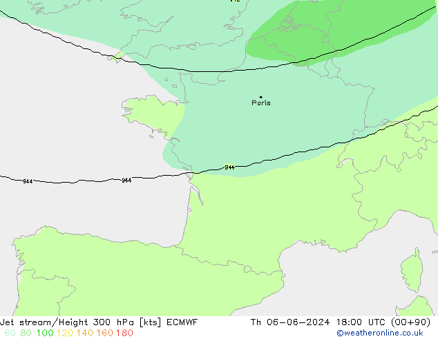 Jet stream/Height 300 hPa ECMWF Th 06.06.2024 18 UTC