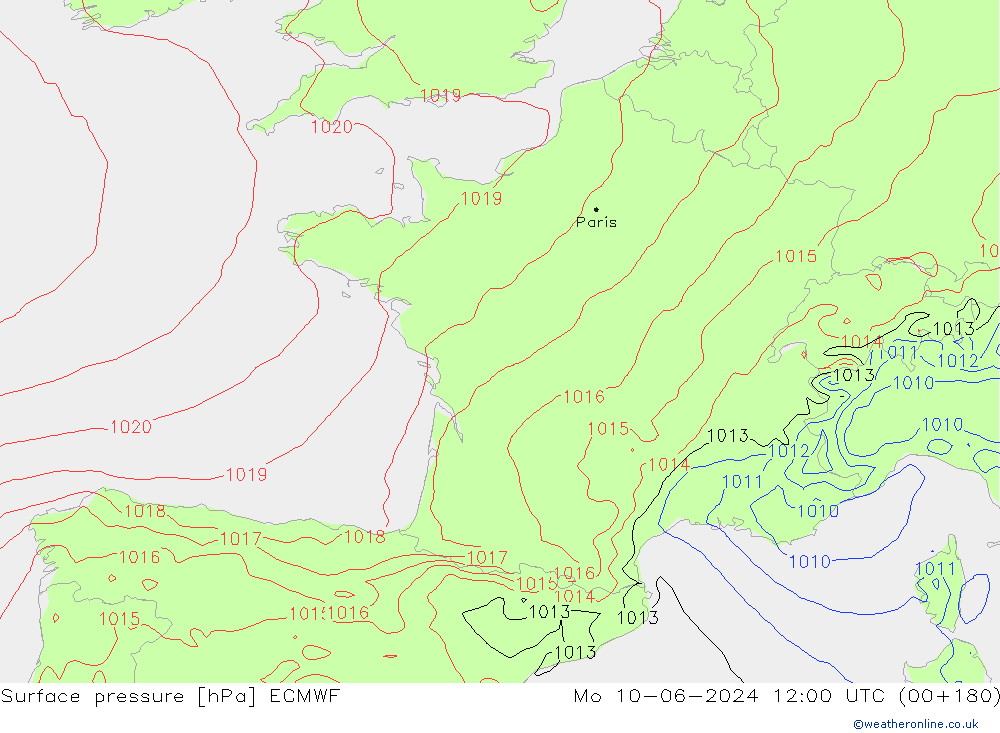 Pressione al suolo ECMWF lun 10.06.2024 12 UTC