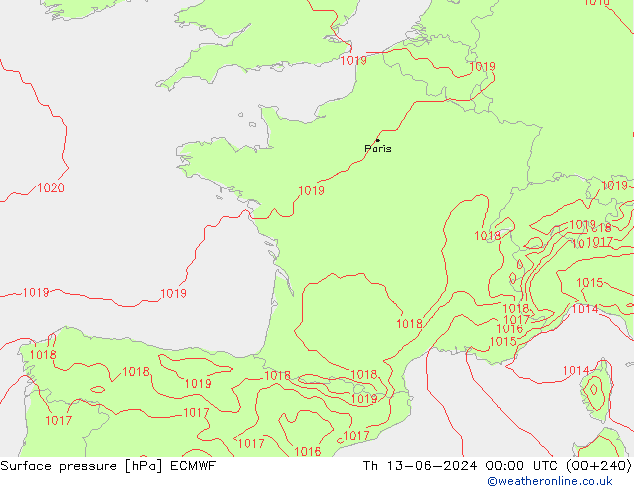 Atmosférický tlak ECMWF Čt 13.06.2024 00 UTC