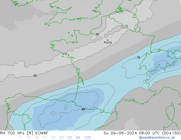 RH 700 hPa ECMWF Dom 09.06.2024 06 UTC