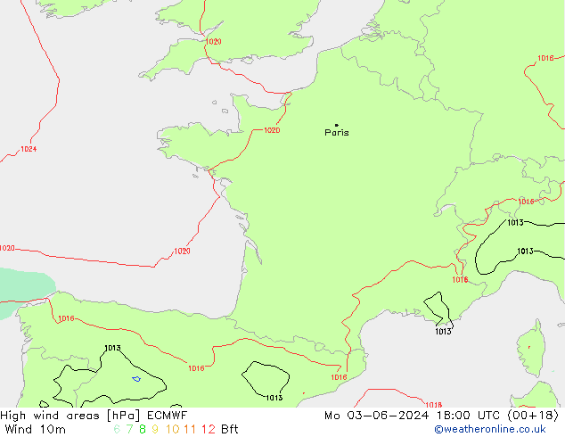 High wind areas ECMWF lun 03.06.2024 18 UTC