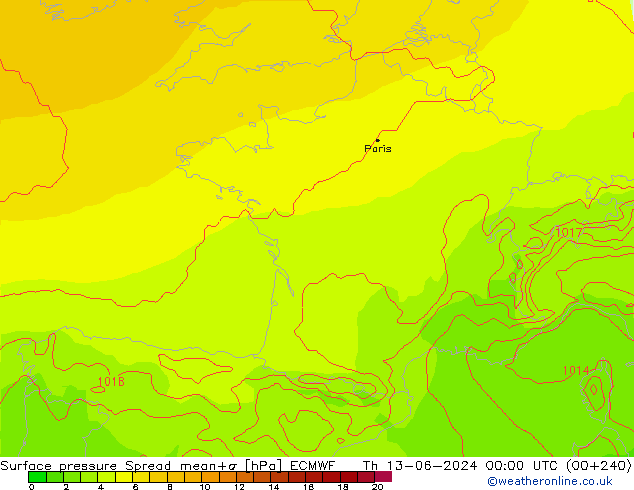 Surface pressure Spread ECMWF Th 13.06.2024 00 UTC