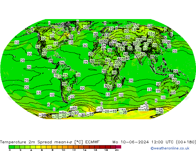 Temperatura 2m Spread ECMWF lun 10.06.2024 12 UTC