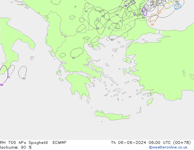 RH 700 hPa Spaghetti ECMWF Do 06.06.2024 06 UTC