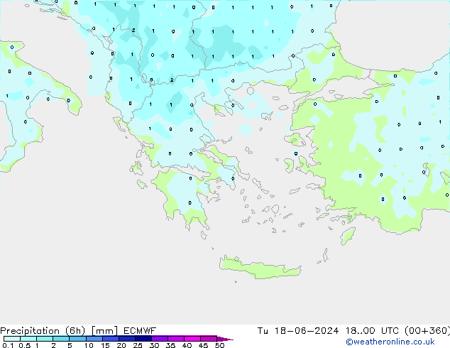 Totale neerslag (6h) ECMWF di 18.06.2024 00 UTC