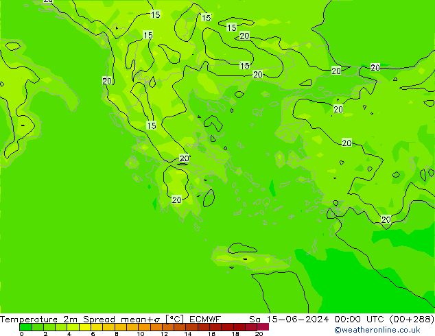 Temperature 2m Spread ECMWF So 15.06.2024 00 UTC