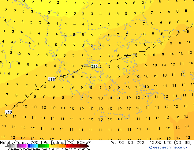 Geop./Temp. 700 hPa ECMWF mié 05.06.2024 18 UTC