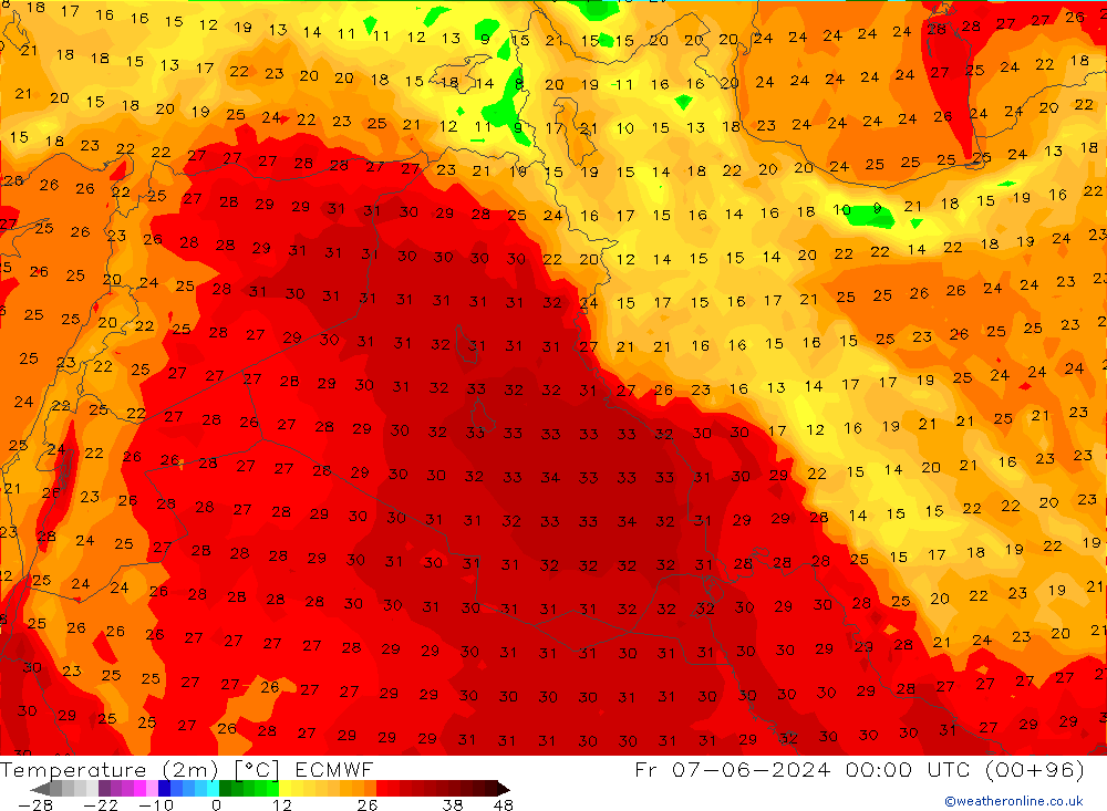 Temperatura (2m) ECMWF ven 07.06.2024 00 UTC