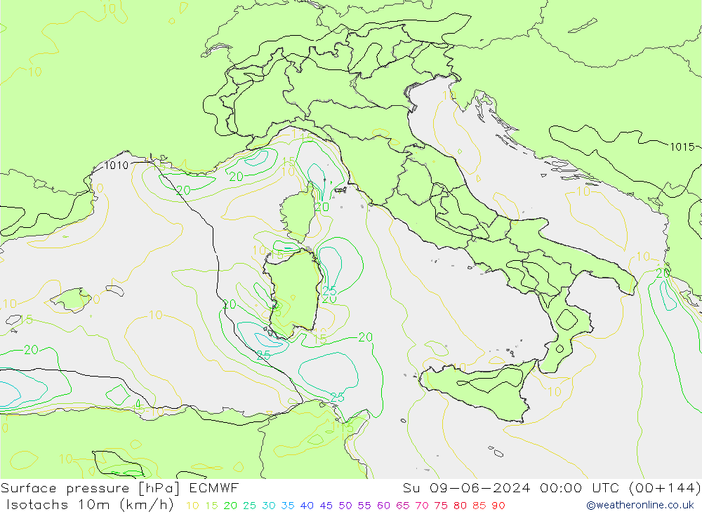 Isotachs (kph) ECMWF Ne 09.06.2024 00 UTC