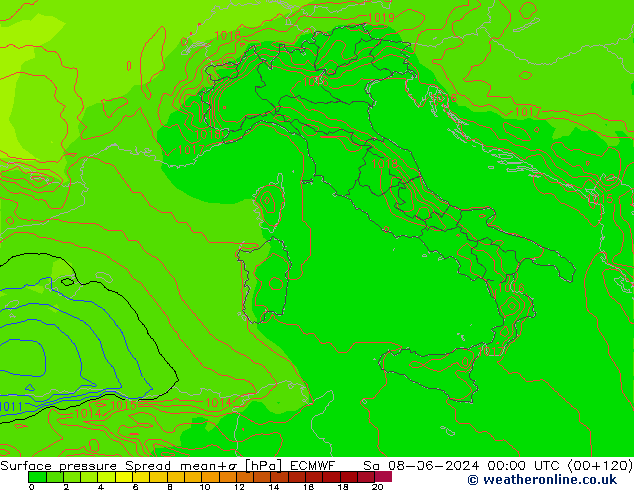 Surface pressure Spread ECMWF Sa 08.06.2024 00 UTC