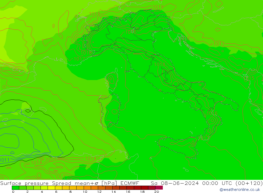 Atmosférický tlak Spread ECMWF So 08.06.2024 00 UTC