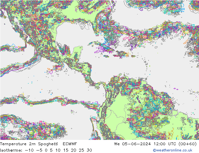 Temperatura 2m Spaghetti ECMWF Qua 05.06.2024 12 UTC