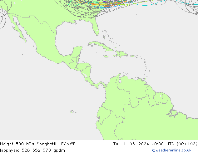 Height 500 hPa Spaghetti ECMWF Út 11.06.2024 00 UTC