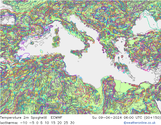 Temperature 2m Spaghetti ECMWF Ne 09.06.2024 06 UTC