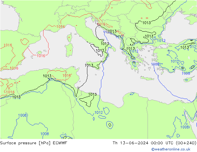 Pressione al suolo ECMWF gio 13.06.2024 00 UTC