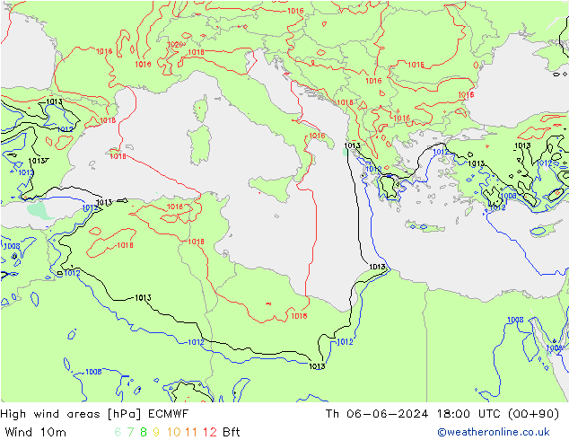 High wind areas ECMWF Čt 06.06.2024 18 UTC