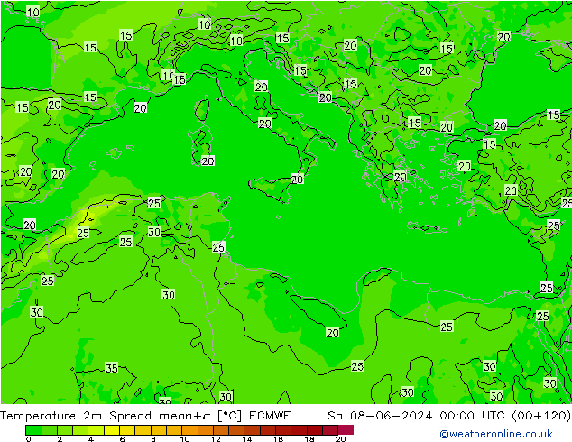 Temperatura 2m Spread ECMWF sáb 08.06.2024 00 UTC