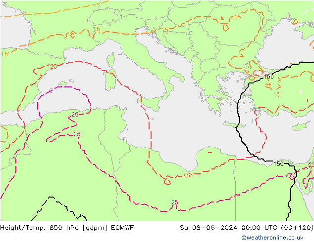 Height/Temp. 850 hPa ECMWF Sa 08.06.2024 00 UTC