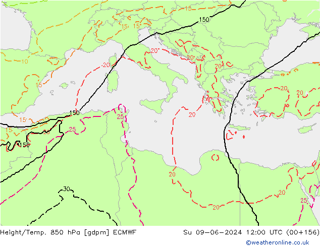 Height/Temp. 850 hPa ECMWF Su 09.06.2024 12 UTC