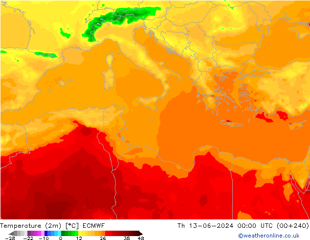 température (2m) ECMWF jeu 13.06.2024 00 UTC