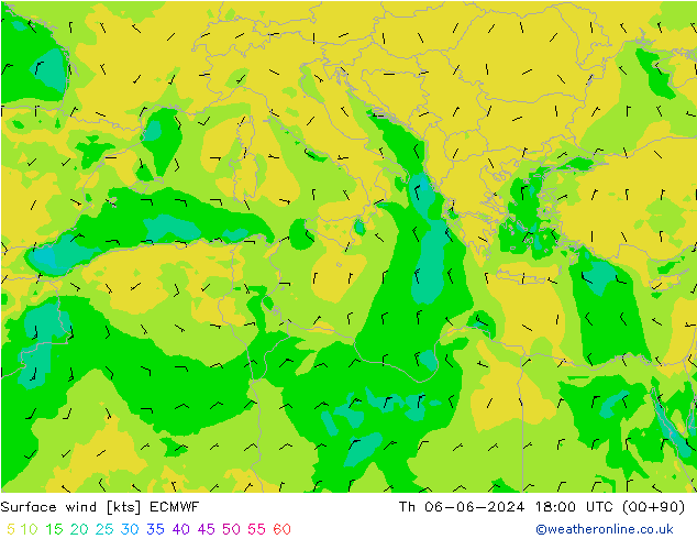 Surface wind ECMWF Čt 06.06.2024 18 UTC