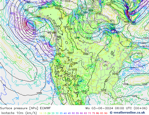 10米等风速线 (kph) ECMWF 星期一 03.06.2024 06 UTC