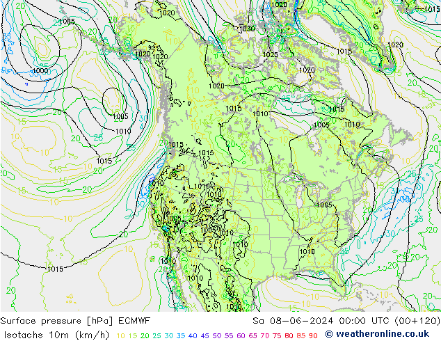 Isotachs (kph) ECMWF  08.06.2024 00 UTC