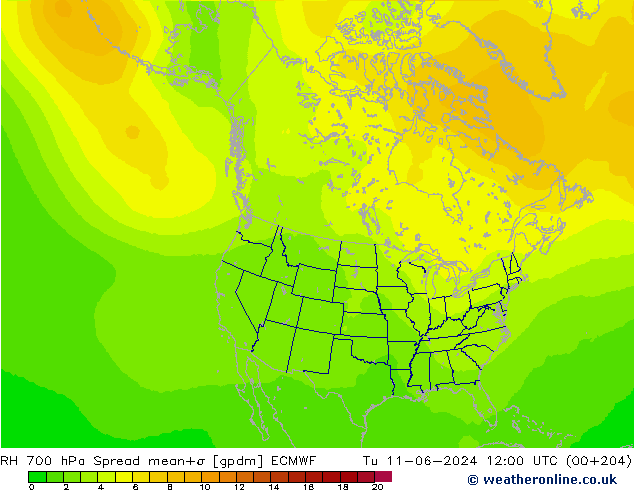 RH 700 hPa Spread ECMWF wto. 11.06.2024 12 UTC