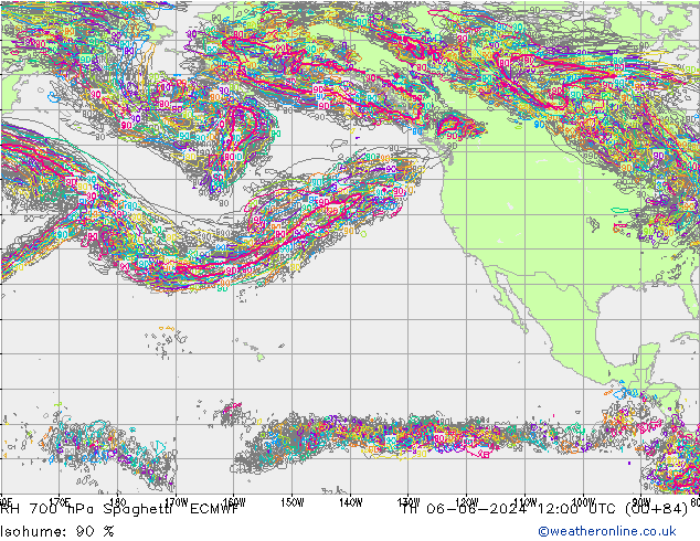 RH 700 hPa Spaghetti ECMWF Čt 06.06.2024 12 UTC