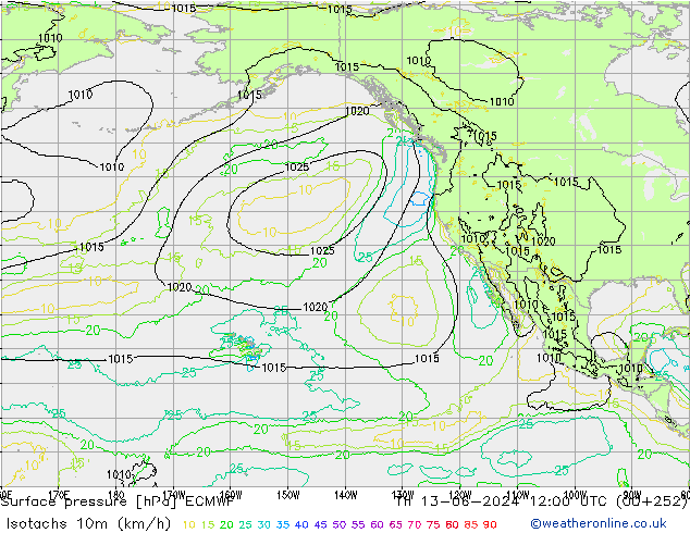 Izotacha (km/godz) ECMWF czw. 13.06.2024 12 UTC