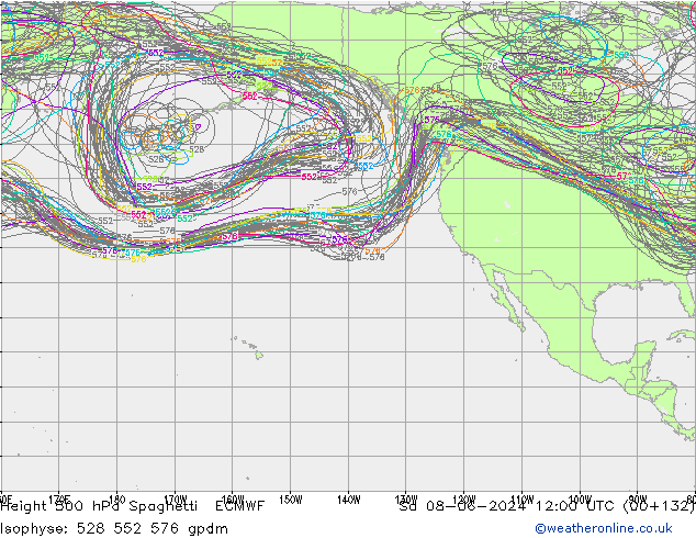 Height 500 hPa Spaghetti ECMWF so. 08.06.2024 12 UTC