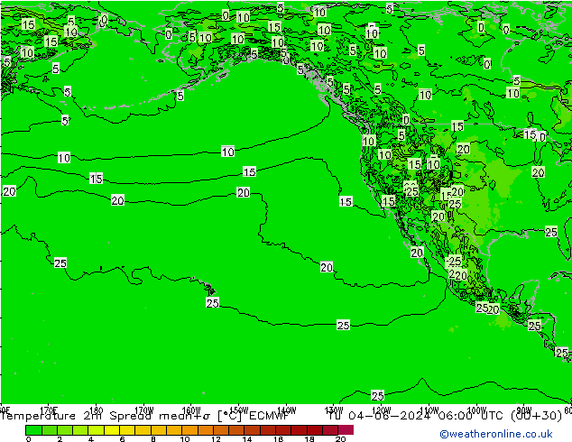 Temperature 2m Spread ECMWF Út 04.06.2024 06 UTC