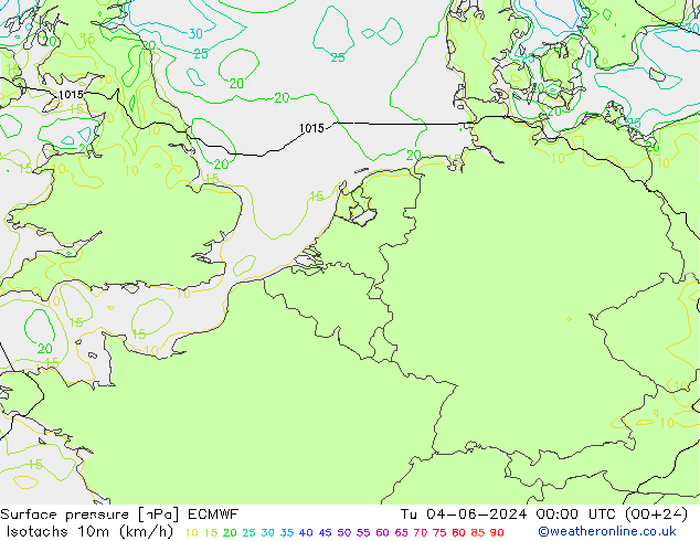 Isotachen (km/h) ECMWF Di 04.06.2024 00 UTC