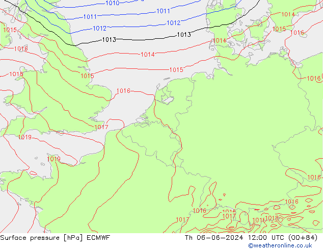 Presión superficial ECMWF jue 06.06.2024 12 UTC