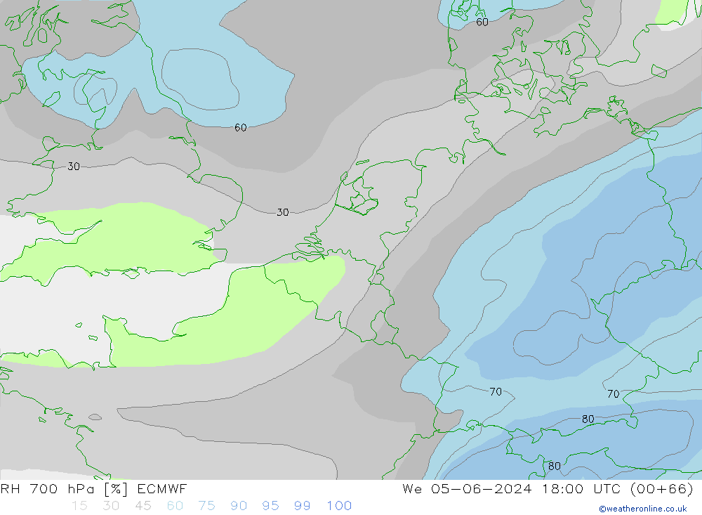 Humedad rel. 700hPa ECMWF mié 05.06.2024 18 UTC