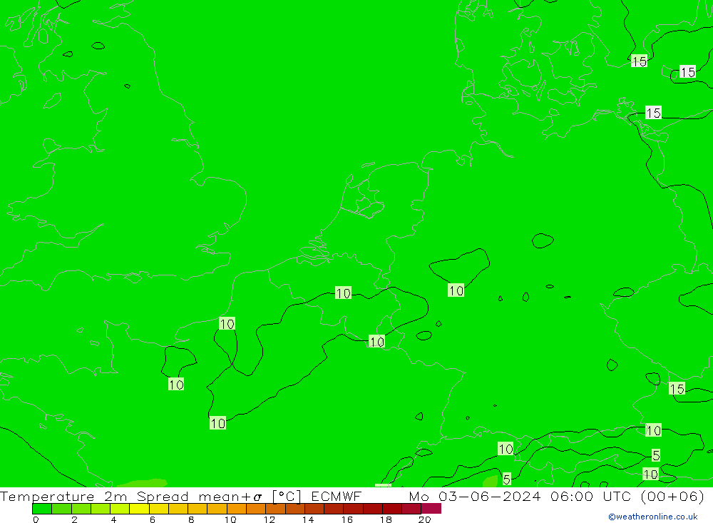 Temperature 2m Spread ECMWF Po 03.06.2024 06 UTC