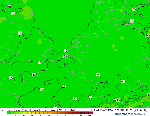 Temperatura 2m Spread ECMWF mar 04.06.2024 12 UTC