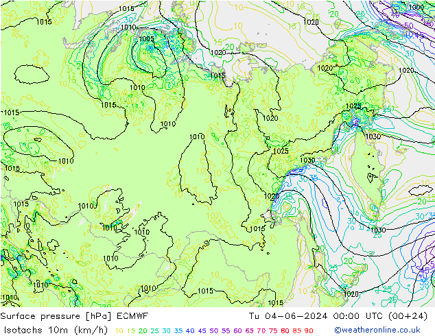 Isotachs (kph) ECMWF Út 04.06.2024 00 UTC