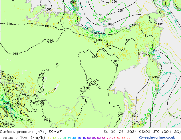 Isotachs (kph) ECMWF Su 09.06.2024 06 UTC