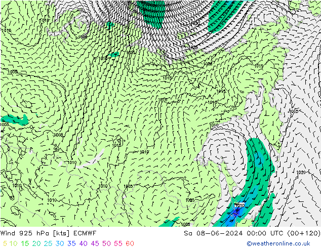 Vento 925 hPa ECMWF sab 08.06.2024 00 UTC