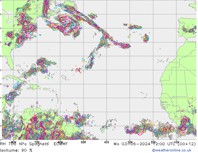 RH 700 hPa Spaghetti ECMWF lun 03.06.2024 12 UTC