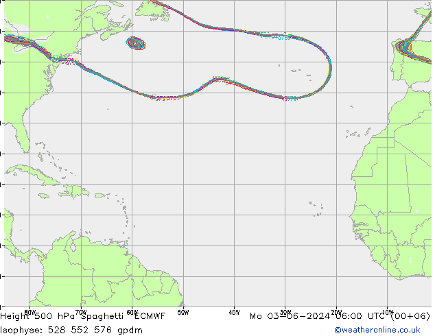 Height 500 гПа Spaghetti ECMWF пн 03.06.2024 06 UTC