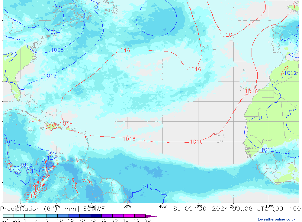 Totale neerslag (6h) ECMWF zo 09.06.2024 06 UTC